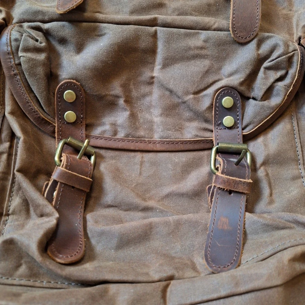 Waxed Canvas Leather Heavy Duty Rugged Backpack Rucksack Cargo Storage Hunting